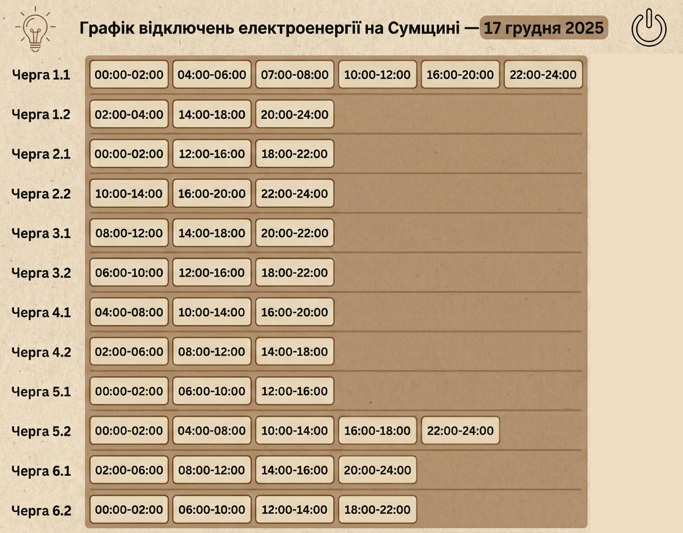 Графік відключення електроенергії на Сумщині 17 грудня
