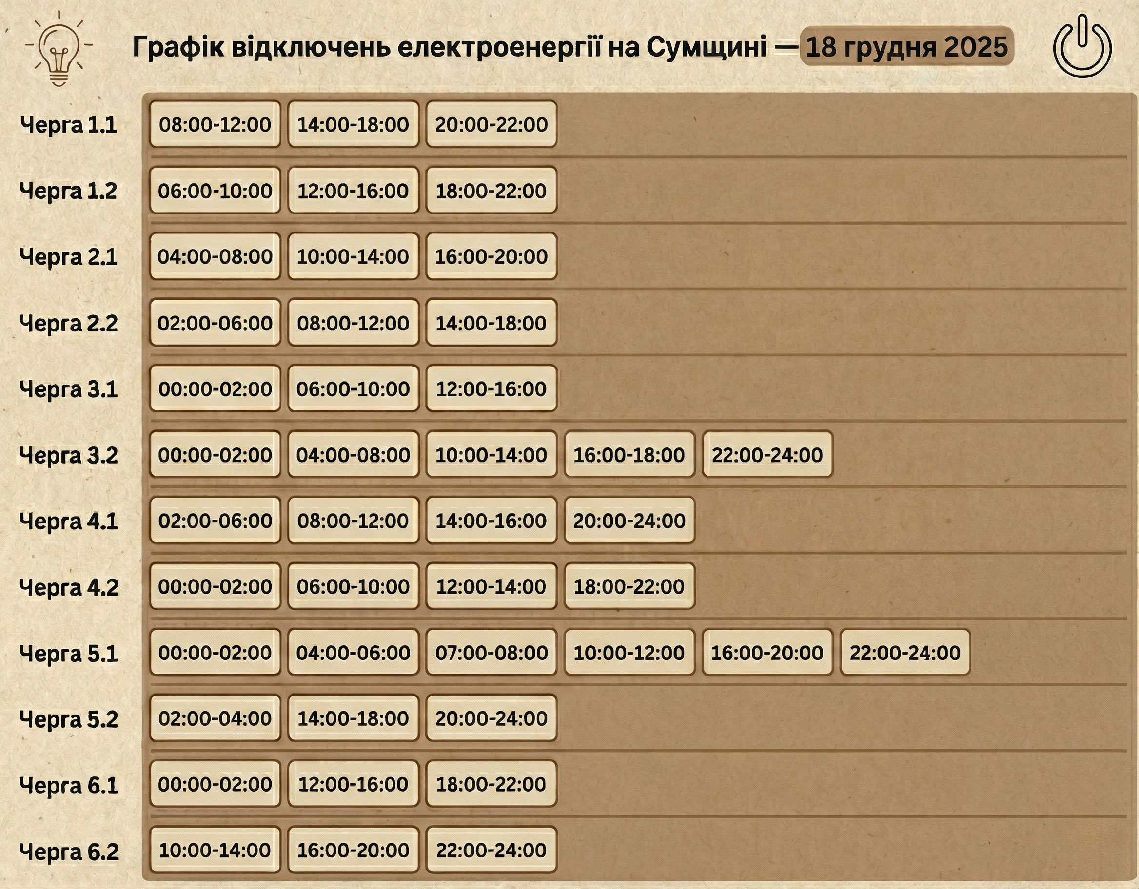 Графік відключення електроенергії на Сумщині 18 грудня