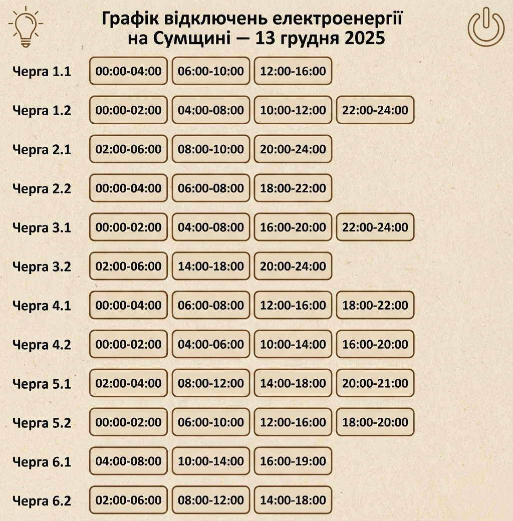 Графік відключення електроенергії на Сумщині 13 грудня