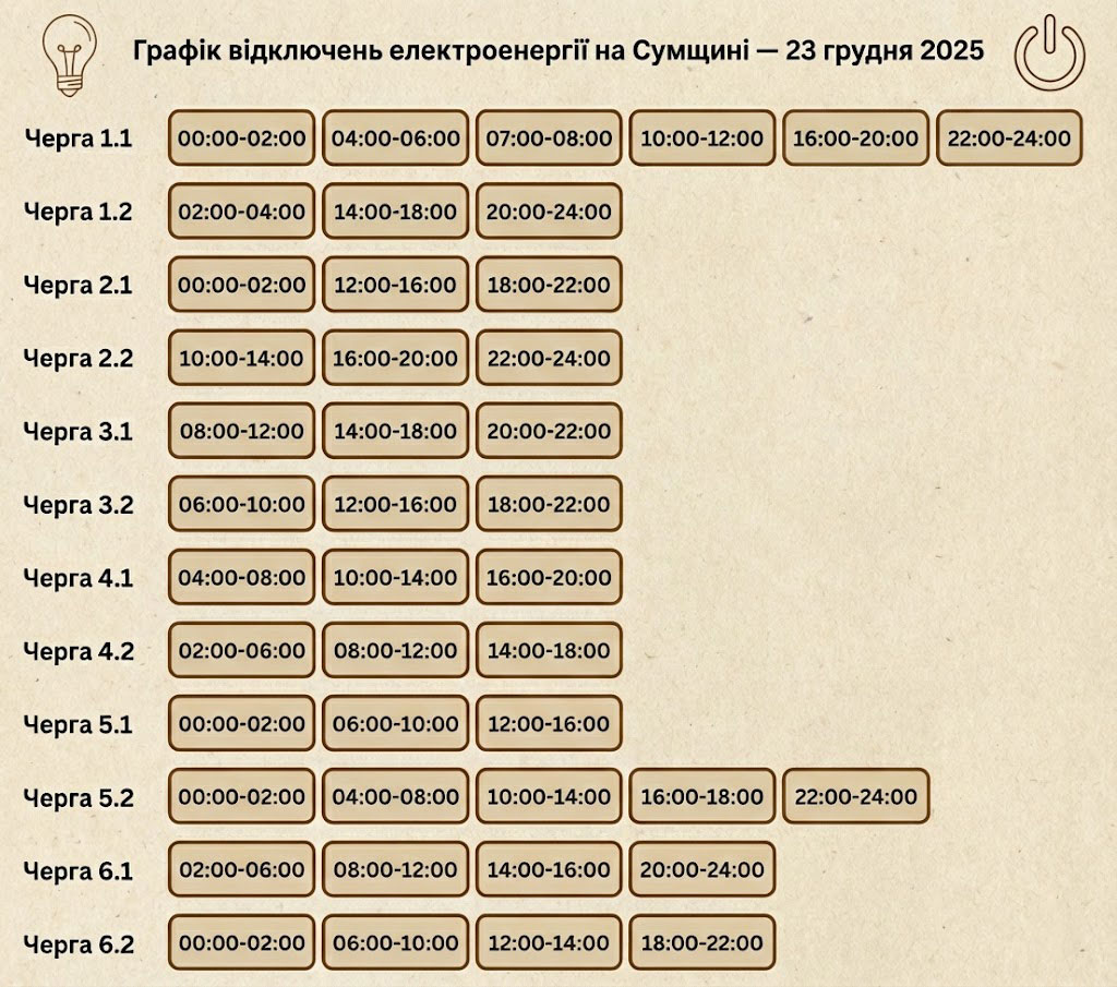 Графік відключення електроенергії на Сумщині 23 грудня