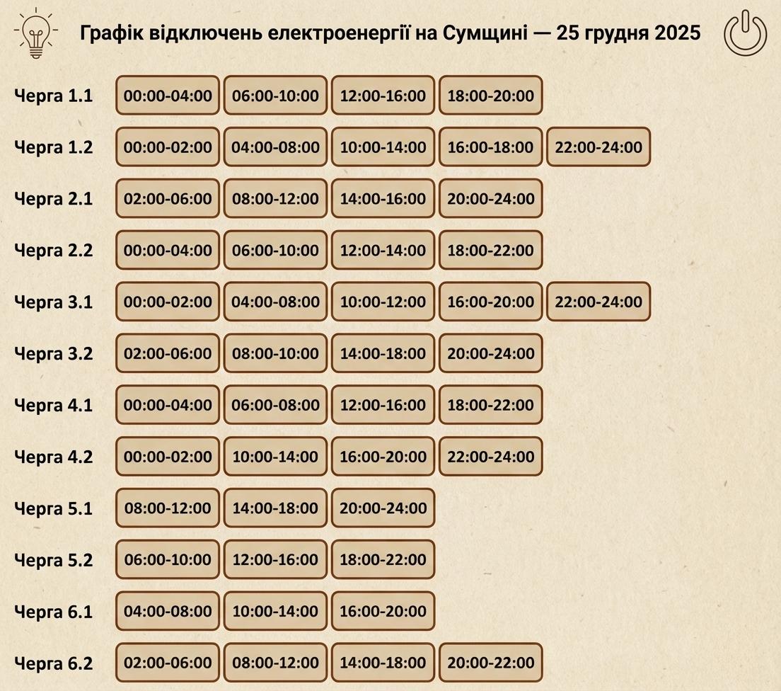 Графік відключення електроенергії на Сумщині 25 грудня