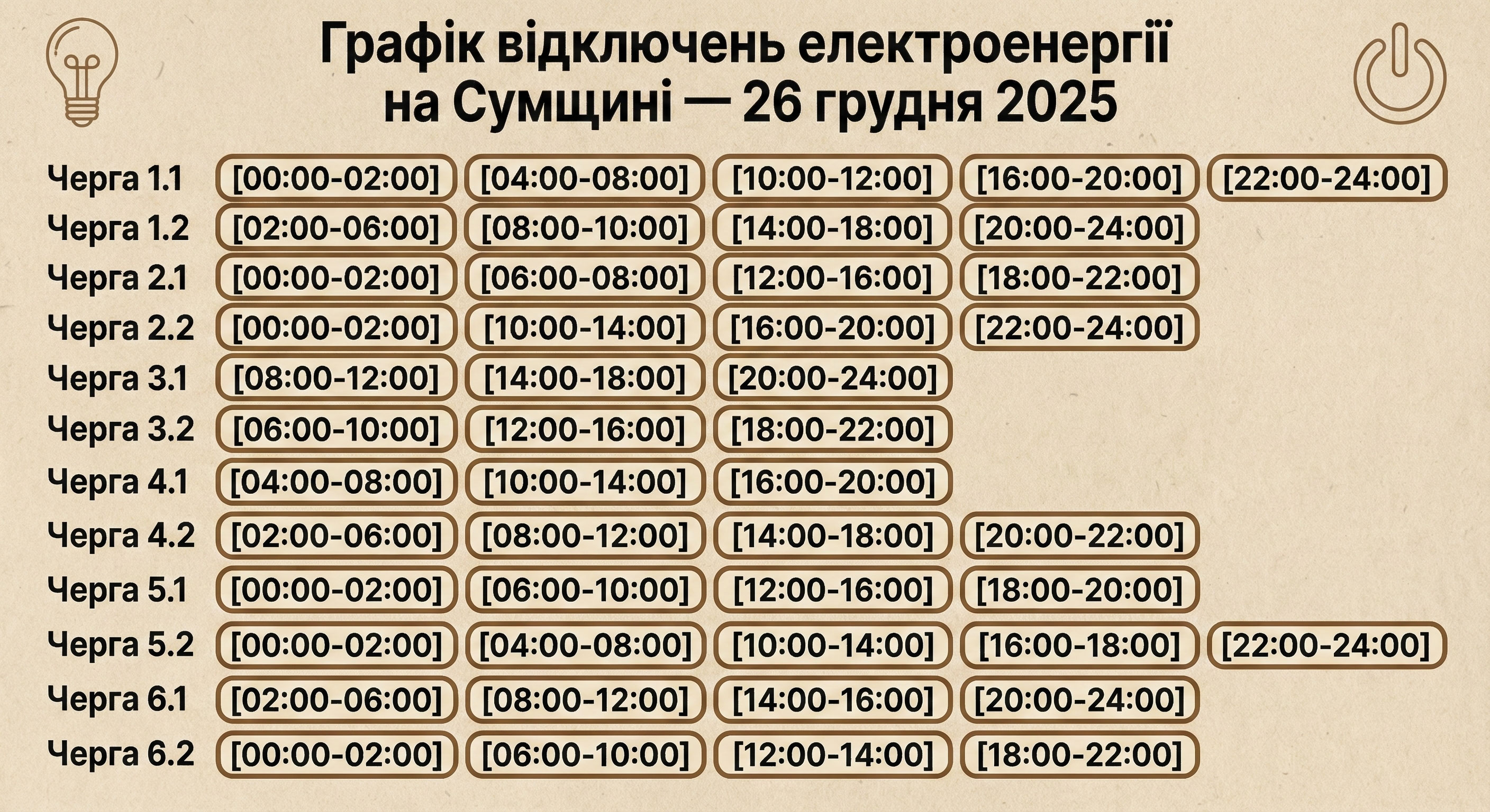 Графік відключення електроенергії на Сумщині 26 грудня