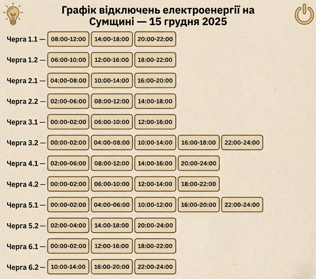 Графік відключення електроенергії на Сумщині 15 грудня