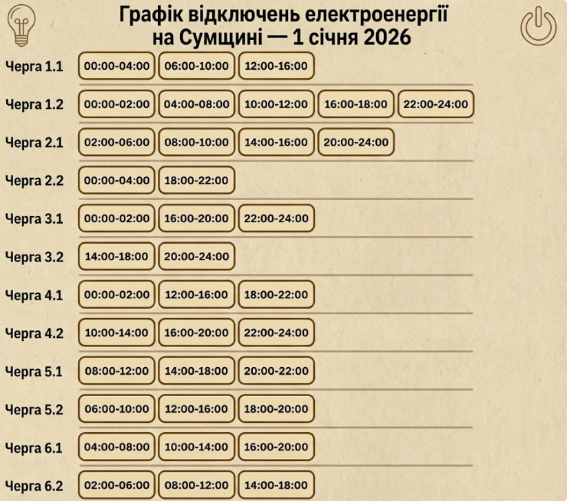 Графік відключення електроенергії на Сумщині 1 січня
