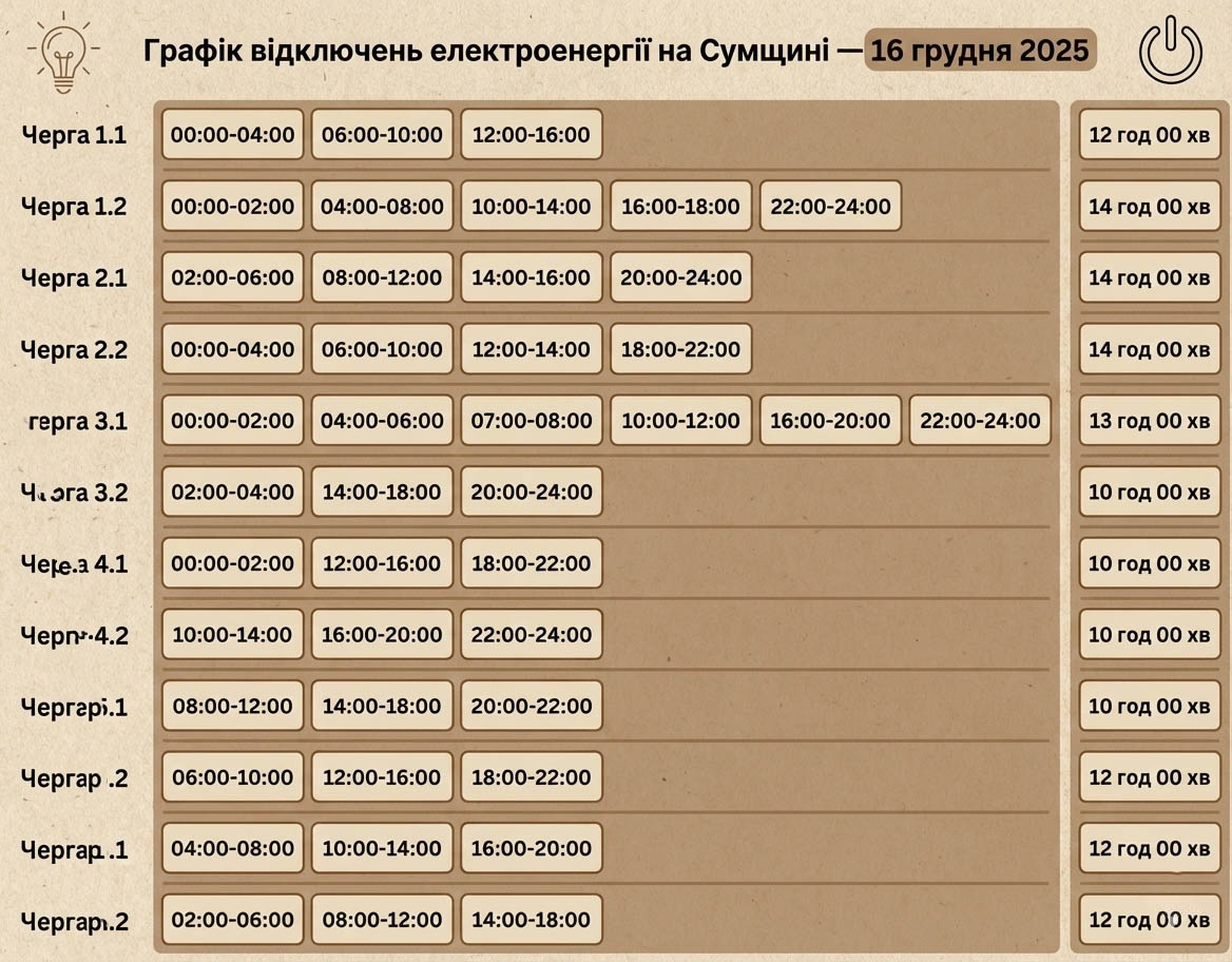 Графік відключення електроенергії на Сумщині 16 грудня