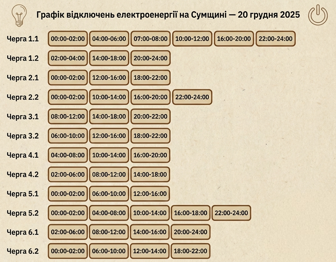 Графік відключення електроенергії на Сумщині 20 грудня