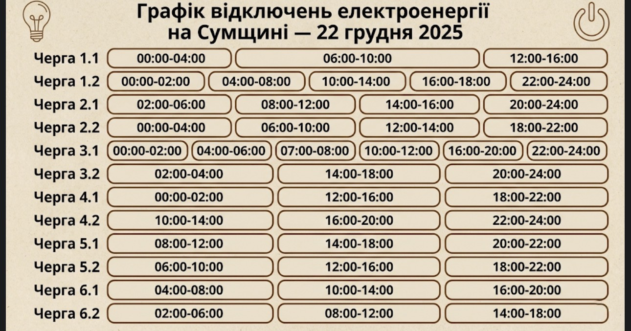 Графік відключення електроенергії на Сумщині 22 грудня