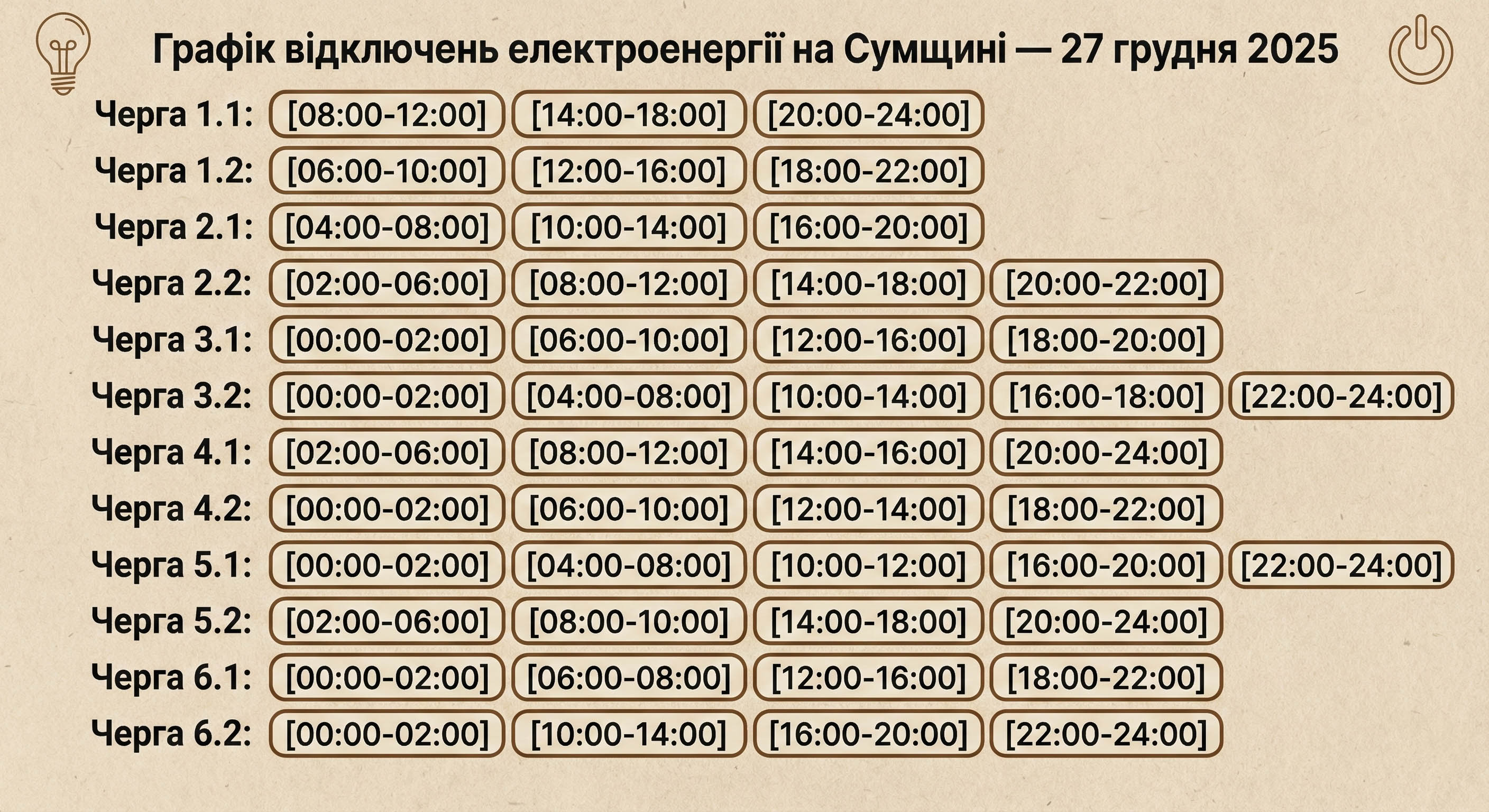 Графік відключення електроенергії на Сумщині 27 грудня