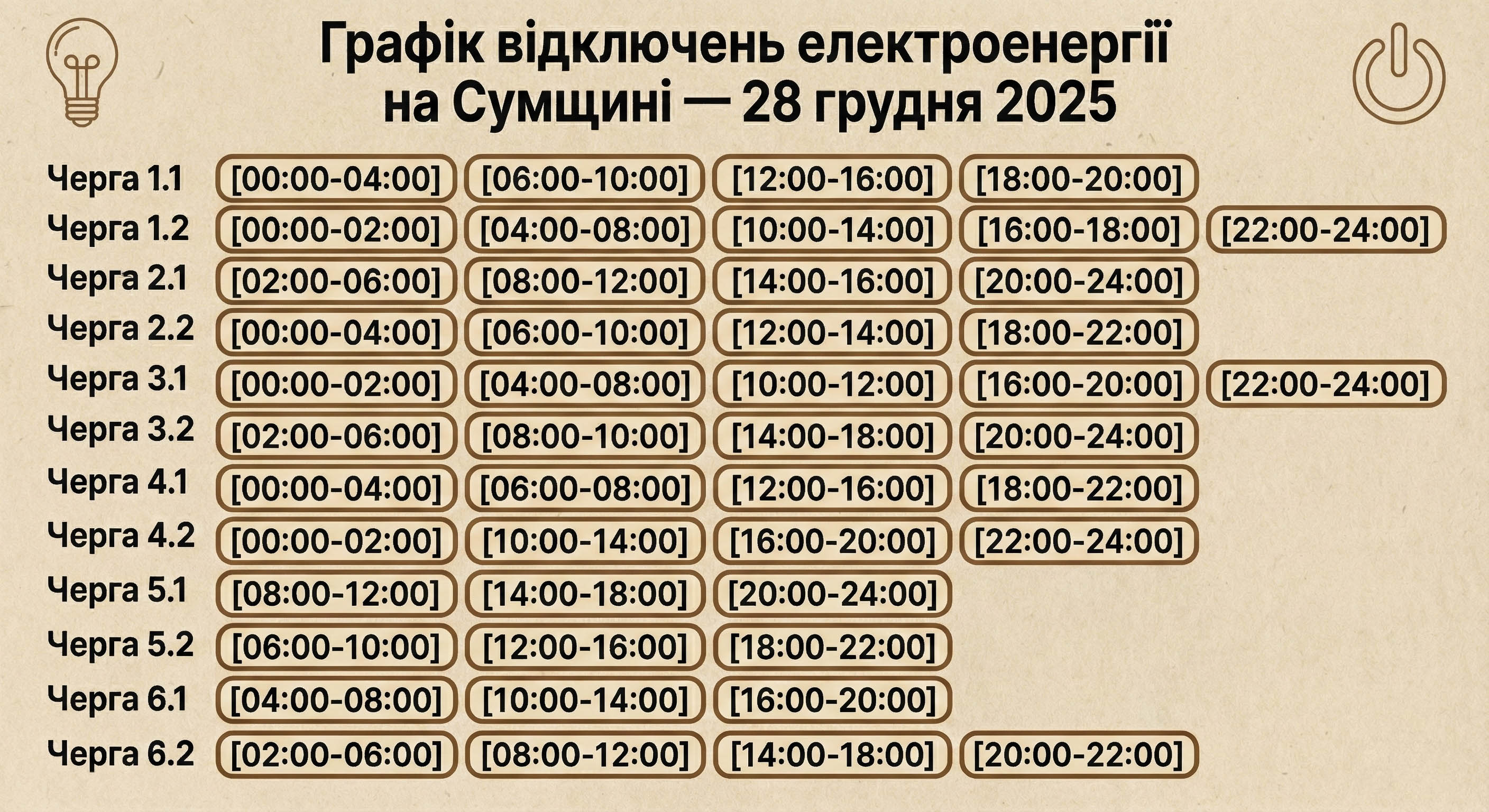 Графік відключення електроенергії на Сумщині 28 грудня