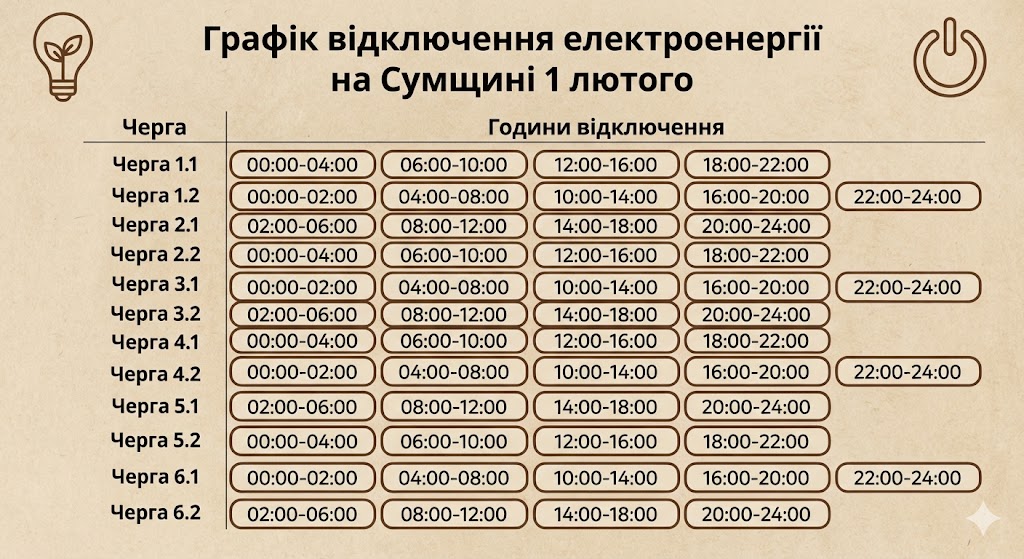 Графік відключення електроенергії на Сумщині 1 лютого