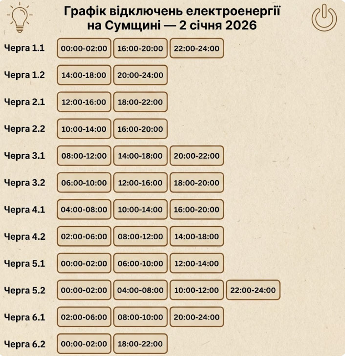 Графік відключення електроенергії на Сумщині 2 січня