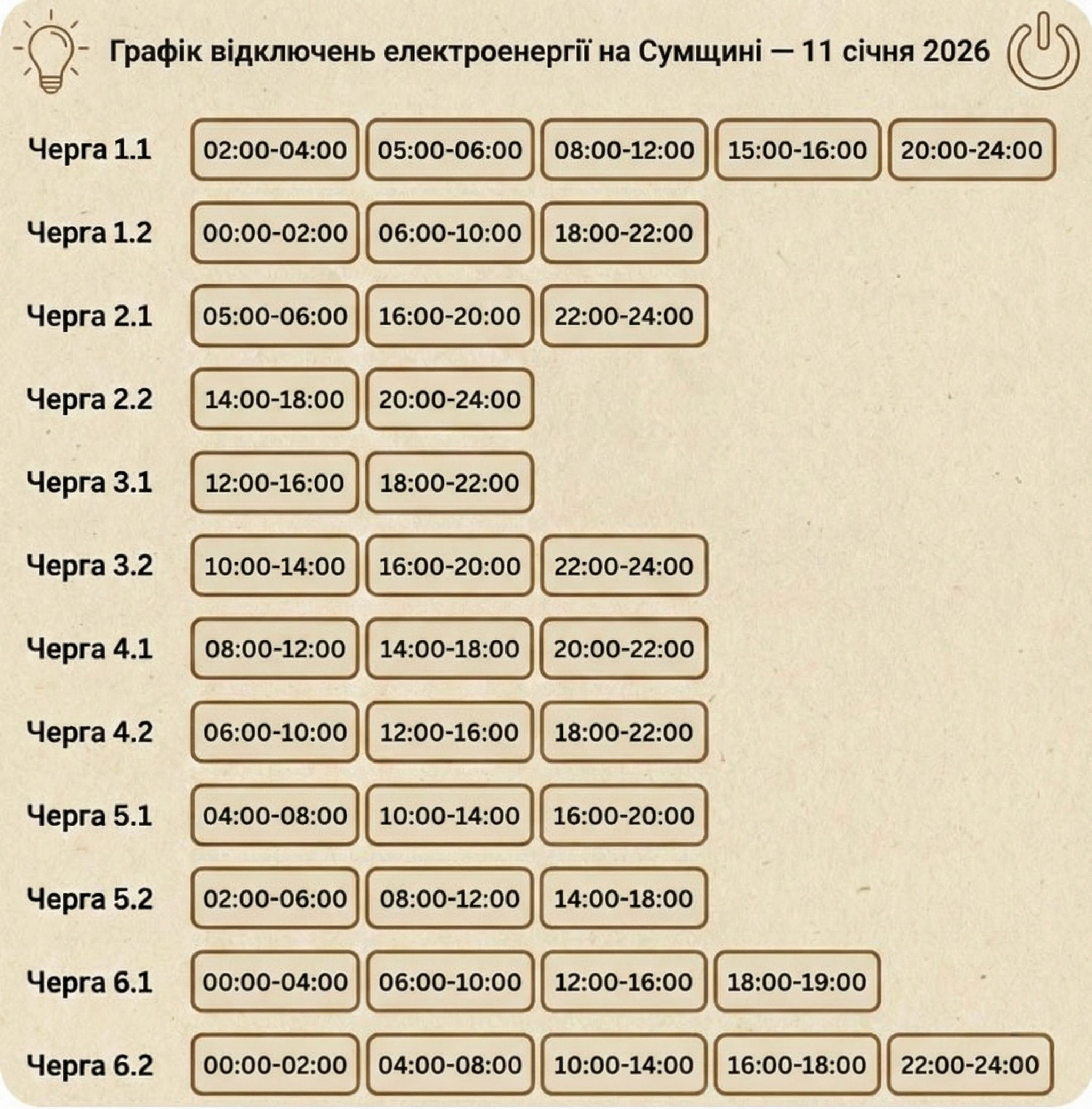 Графік відключення електроенергії на Сумщині 11 січня