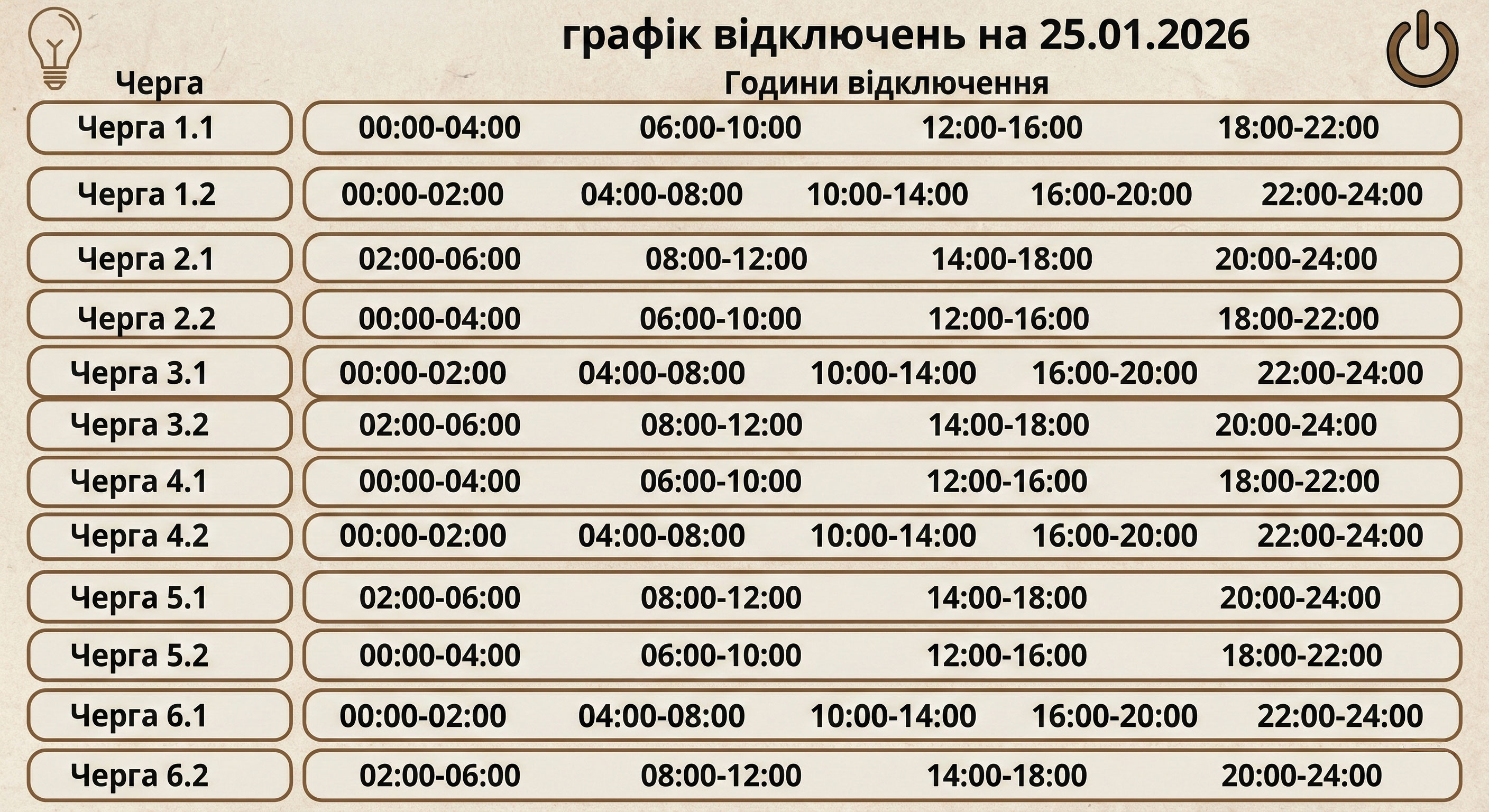 Графік відключення електроенергії на Сумщині 25 січня