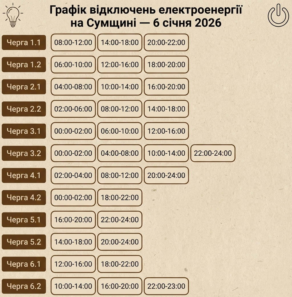 Графік відключення електроенергії на Сумщині 6 січня