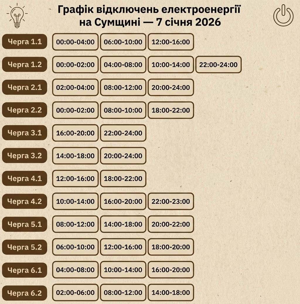 Графік відключення електроенергії на Сумщині 7 січня