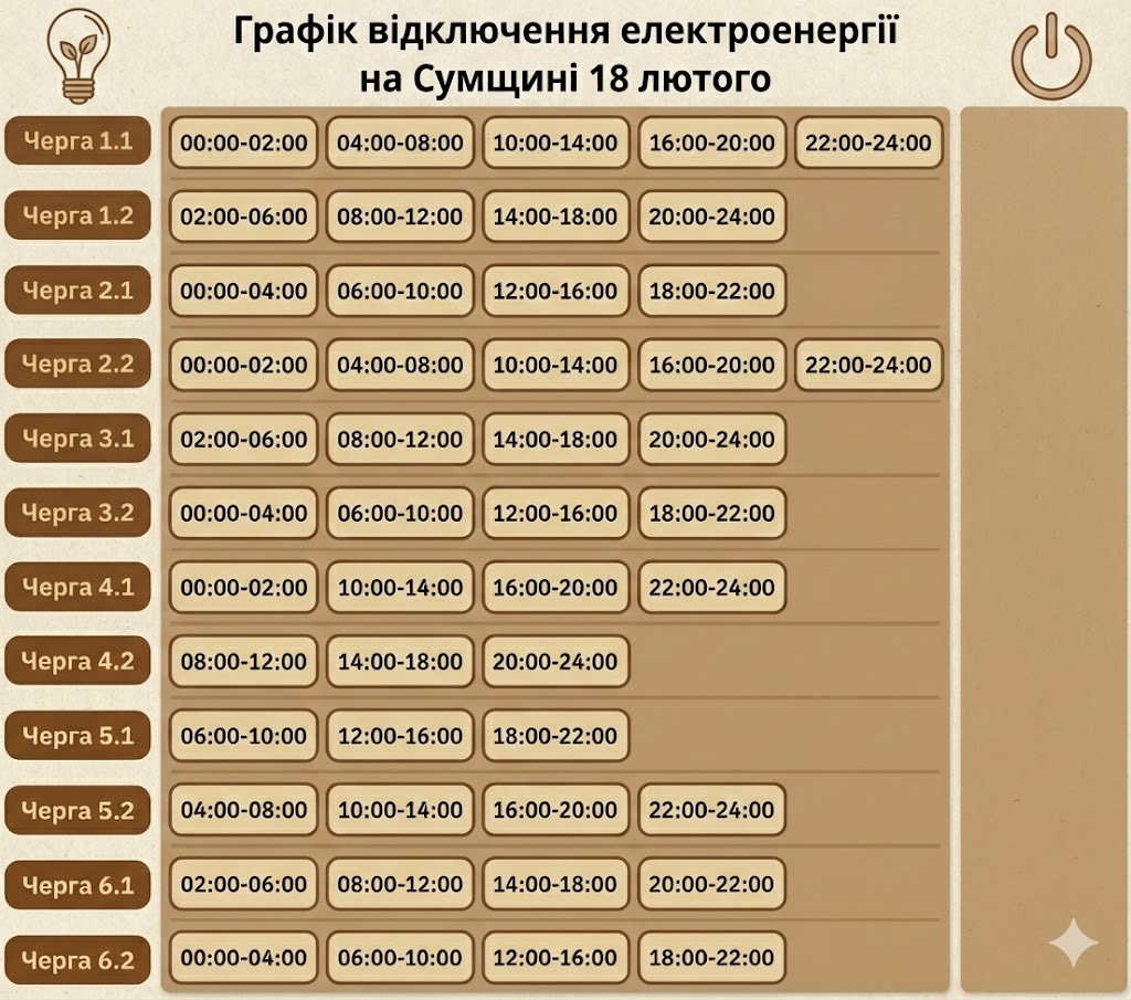 Графік відключення електроенергії на Сумщині 18 лютого