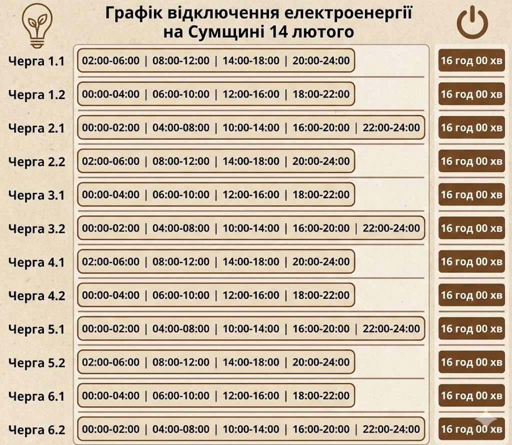 Графік відключення електроенергії на Сумщині 13 лютого