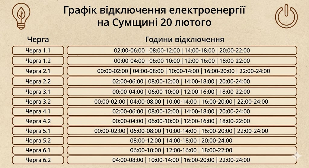 Графік відключення електроенергії на Сумщині 20 лютого