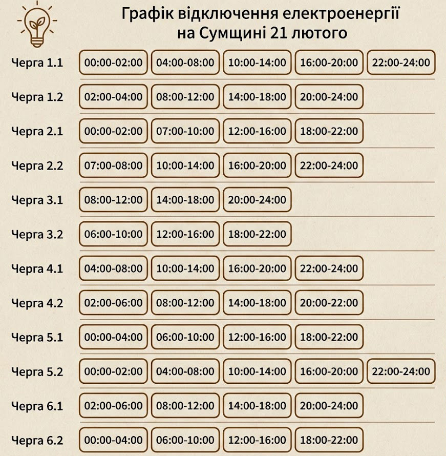 Графік відключення електроенергії на Сумщині 21 лютого