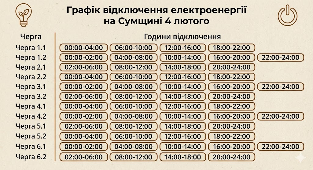 Графік відключення електроенергії на Сумщині 4 лютого
