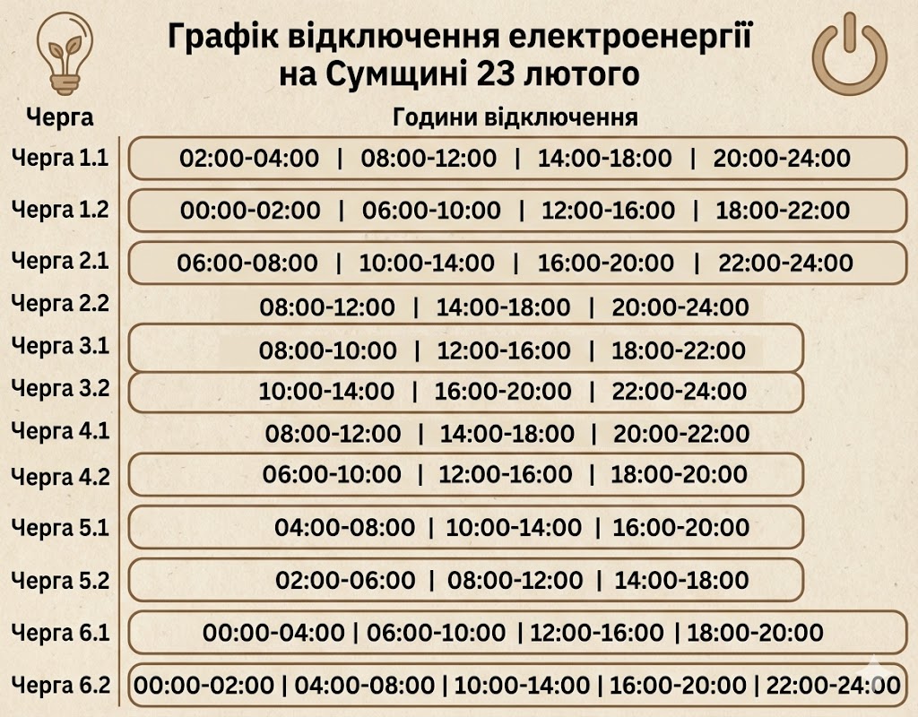 Графік відключення електроенергії на Сумщині 23 лютого