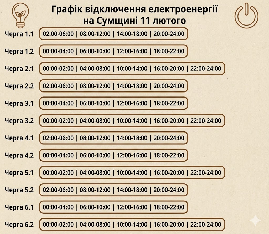 Графік відключення електроенергії на Сумщині 11 лютого