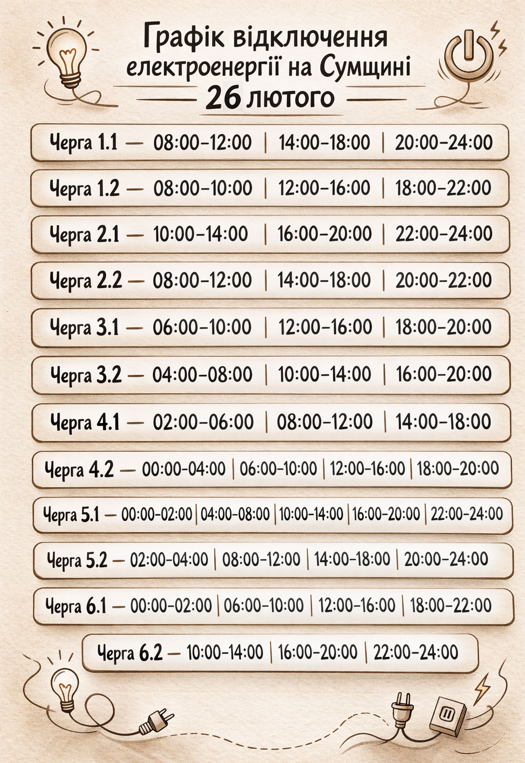 Графік відключення електроенергії на Сумщині 26 лютого