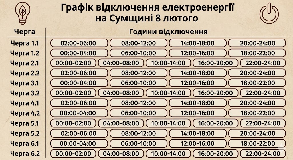 Графік відключення електроенергії на Сумщині 8 лютого