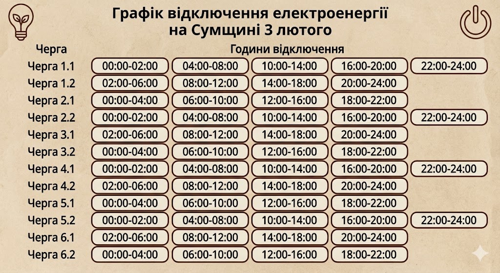Графік відключення електроенергії на Сумщині 3 лютого