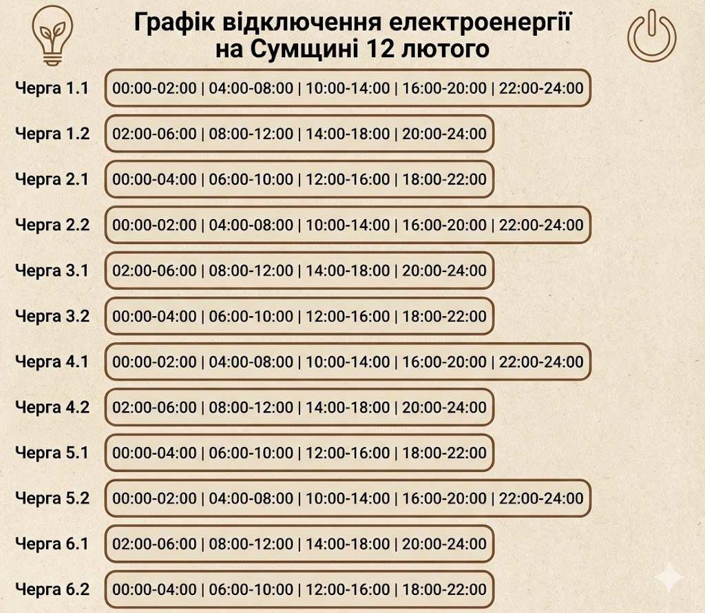 Графік відключення електроенергії на Сумщині 12 лютого