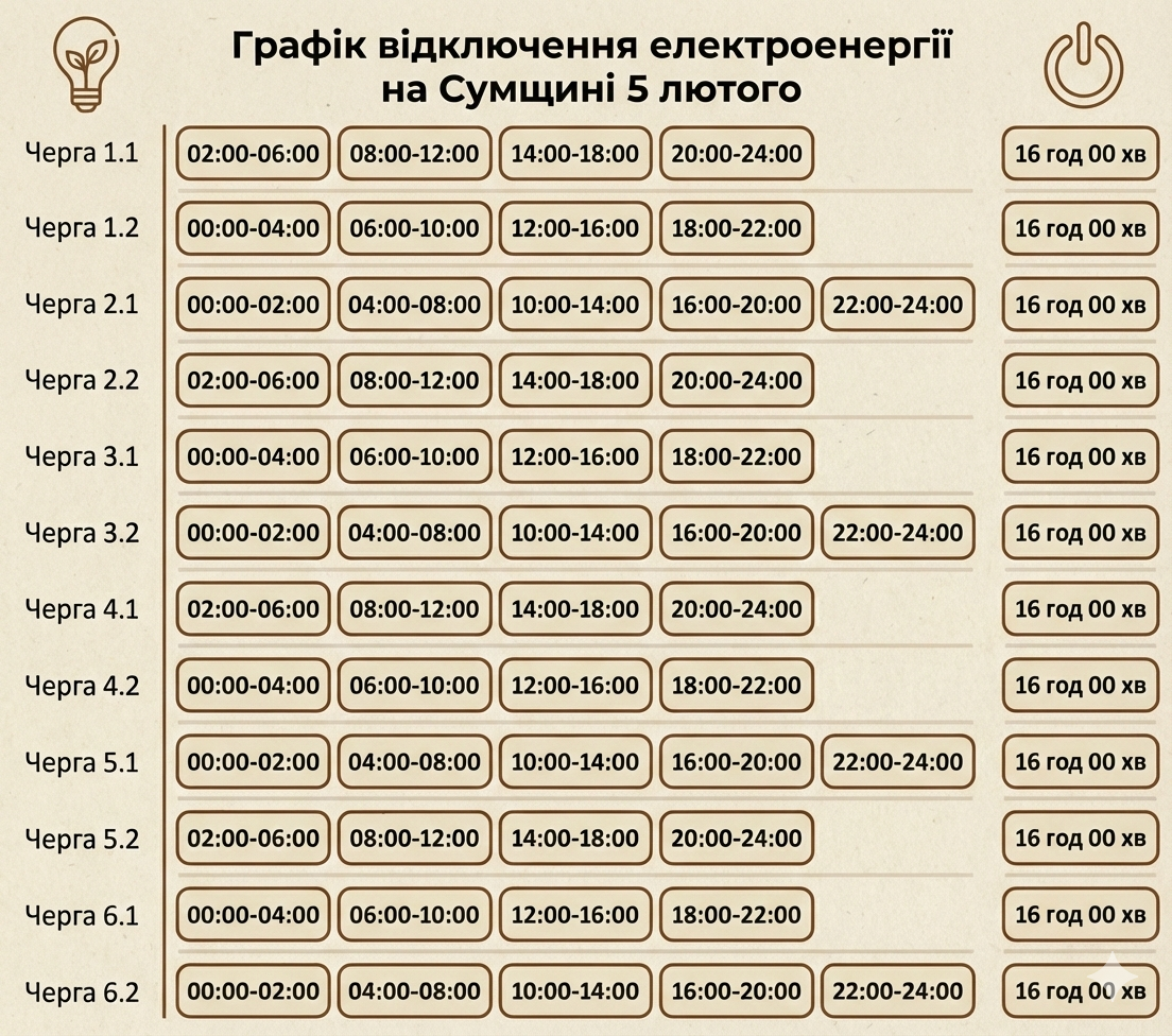 Графік відключення електроенергії на Сумщині 5 лютого