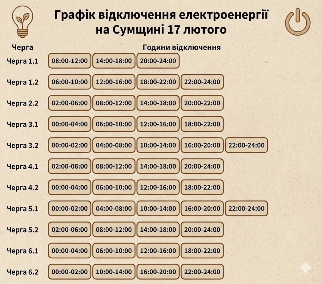 Графік відключення електроенергії на Сумщині 17 лютого
