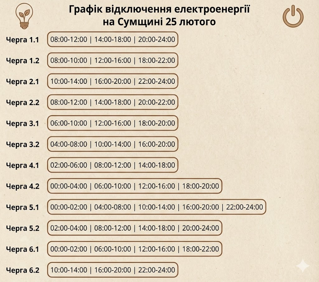 Графік відключення електроенергії на Сумщині 26 лютого