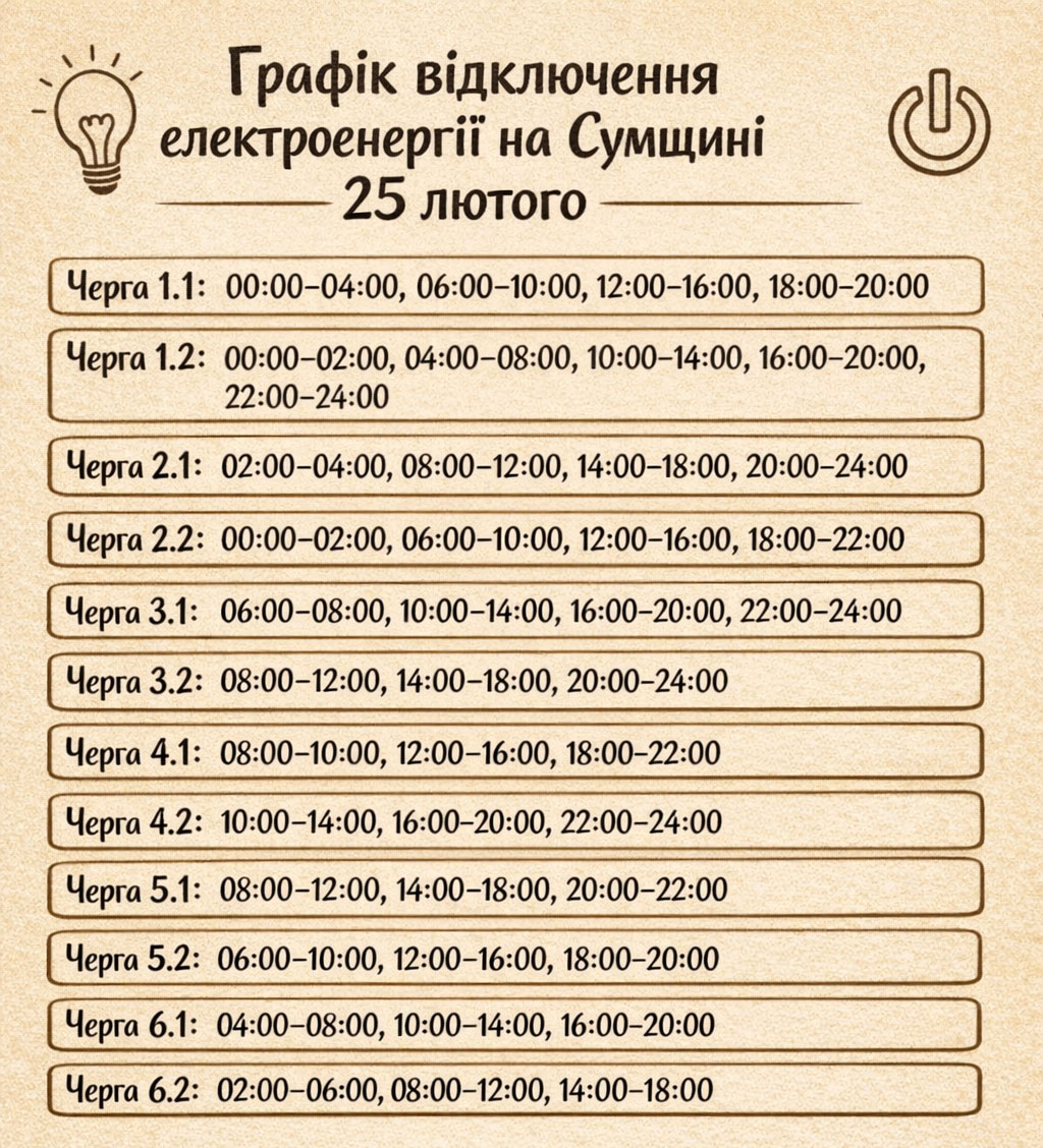 Графік відключення електроенергії на Сумщині 25 лютого