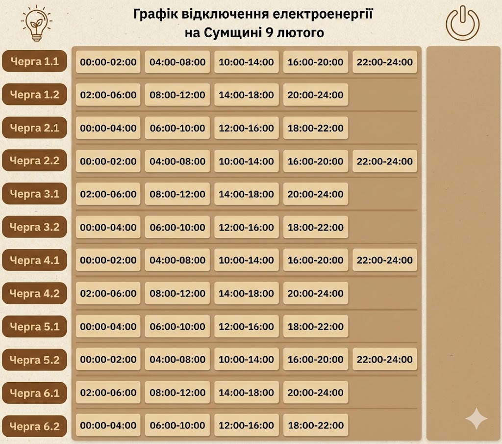 Графік відключення електроенергії на Сумщині 9 лютого
