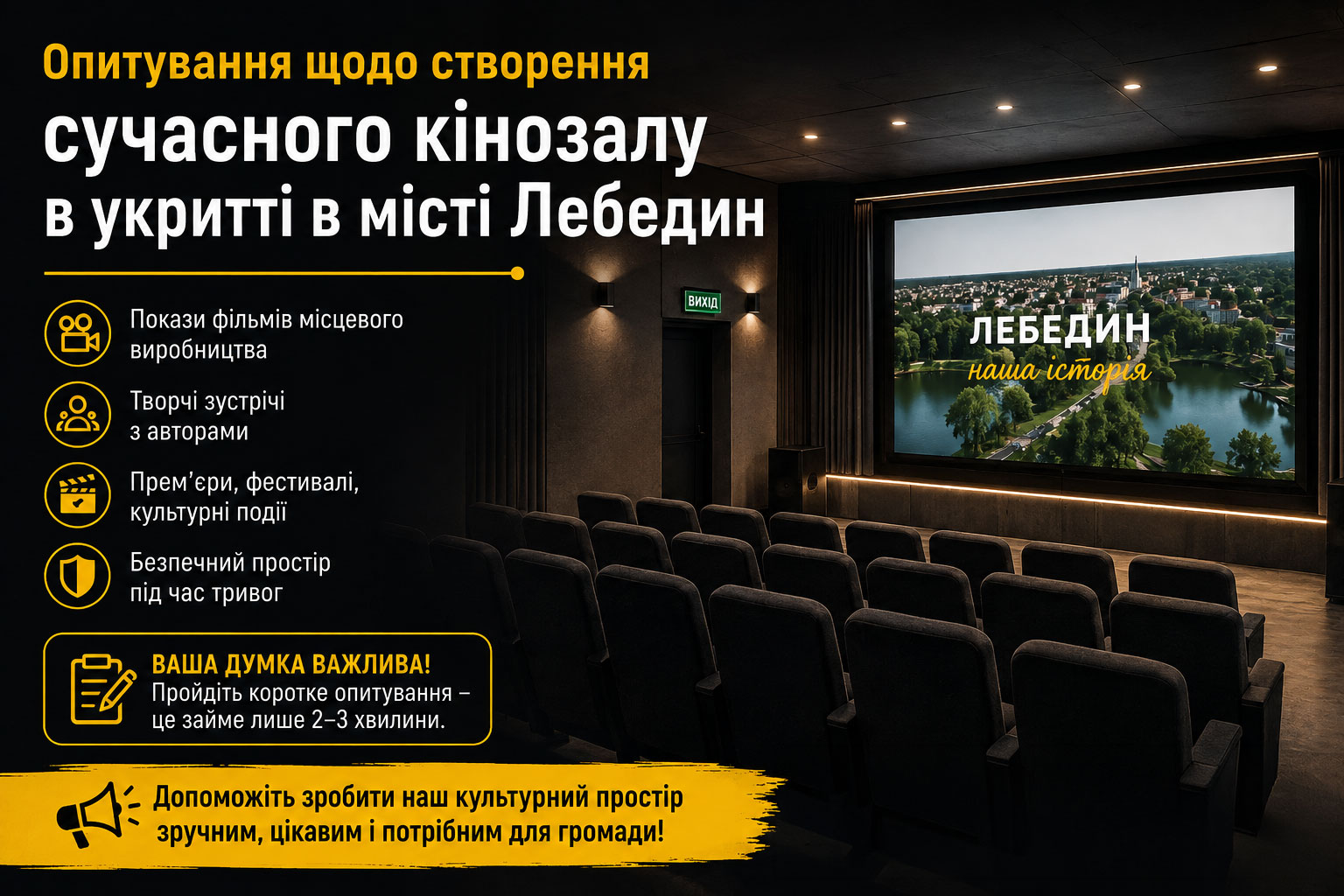 Опитування щодо створення сучасного кінозалу в укритті в місті Лебедин